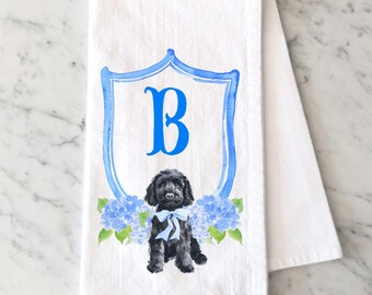Personalized Black GoldenDoodle Flour Sack Towel: Watercolor Crest Monogram with Dog, Hydrangea Crest with Dog, Black Doodle Gift