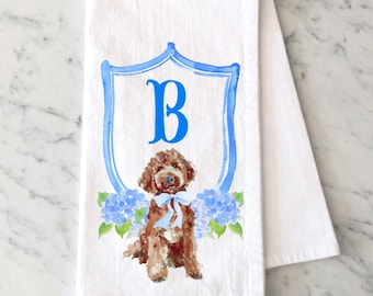 Personalized Chocolate Doodle Flour Sack Towel: Watercolor Crest Monogram with Dog, Hydrangea with Dog Kitchen Towel , Brown Golden Doodle
