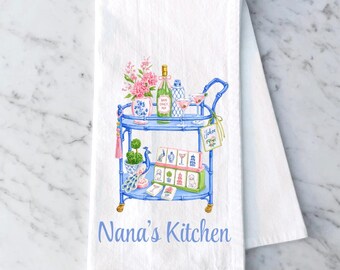 Personalized Mahjong Bar Cart Flour Sack Tea Towel,  Mahjong Watercolor Kitchen Decor, Girls Night Gift, Mahjong Tea Towel Gift