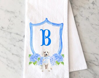 Personalized White Poodle Tea Towel, Poodle Kitchen Decor,  Dog Mom, Dog Dad, Hydrangea Dog Towel