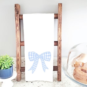 Watercolor Tea Towel, Blue and White Gingham Bow, Flour Sack Towel, Grandmillennial, Preppy