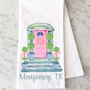 Personalized Zip Code Flour Sack Towel: Watercolor Pink Door House