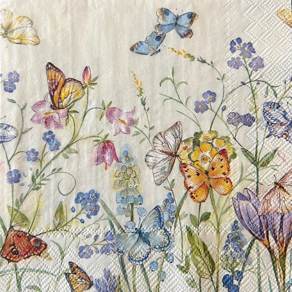 Decoupage Paper Napkins- Set of 2 Cocktail- Butterfly, Floral, Wildflowers