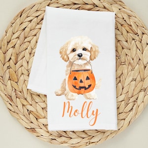 Personalized Maltipoo Halloween Tea Towel, Dog Lover Kitchen Fall Decor, Cavapoo Kitchen Towel, Dog Mom, Dog Dad, Dog Lover Gift