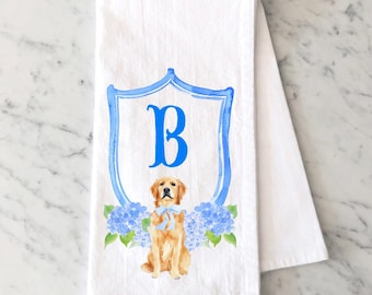 Personalized Golden Retriever Flour Sack Towel, Golden Retriever Gift, Watercolor Crest Monogram with Golden Retriever