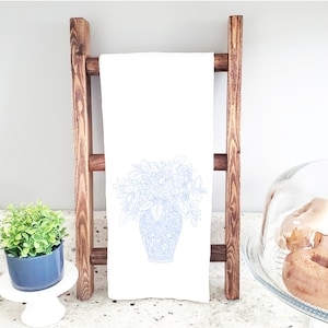 Watercolor Tea Towel, Blue and White Flower Bouquet - Flowers- Flour Sack Towel - Grandmillennial