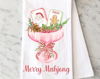 Personalized Christmas Mahjong Tea Towel: Watercolor Kitchen Decor