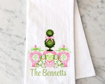 Personalized Chinoiserie Flour Sack Towel: Pink Green Ginger Jar Kitchen Decor
