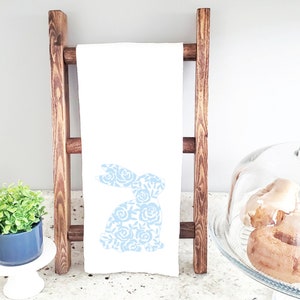 Personalized Easter Bunny Tea Towel: Blue Toile Chinoiserie Kitchen Decor