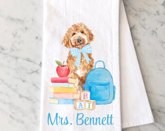 Personalized Golden Doodle Tea Towel, Back To School Teacher Gift, Watercolor Pet Portrait,  Goldendoodle Kitchen Towel