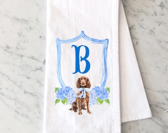 Personalized Boykin Spaniel Flour Sack Towel, Watercolor Hydrangea Crest Monogram with Boykin, Dog Mom, Dog Dad, Dog Lover Gift