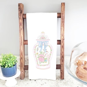 Watercolor Ginger Jar Tea Towel, Flour Sack Towel, Famille Rose Medallion, Chinoiserie, Personalized, Grandmillennial, Custom Kitchen Decor