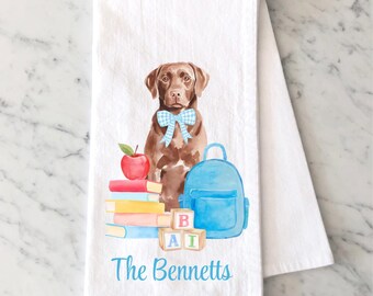 Custom Chocolate Lab Flour Sack Towel: Watercolor Pet Portrait, Dog Mom, Dog Dad, Brown Labrador Retriever Towel Gift, Back to School Gift