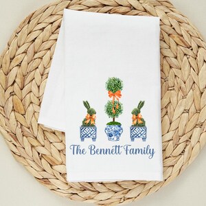 Preppy Fall Chinoiserie Tea Towel, Personalized Halloween Thanksgiving Kitchen Towel, Custom Holiday Dish Towel, Dishcloth Gift