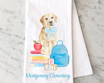 Custom Yellow Labrador Retriever Flour Sack Towel: Watercolor Pet Portrait, Yellow Lab Kitchen Towel Gift, Back to School Teacher Gift