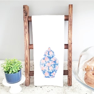 Tea Towel, Flour Sack Towel- Watercolor Ginger Jar- Floral- Hostess - Bar Cart- Preppy- Personalization