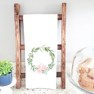 Watercolor Tea Towel, Wreath with Pink Roses, Grandmillennial, Shower, wedding, Flour Sack Towel