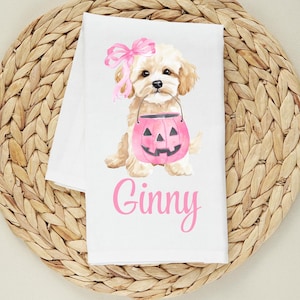 Maltese Dog Fall Tea Towel: Pink Pumpkin Halloween Decor
