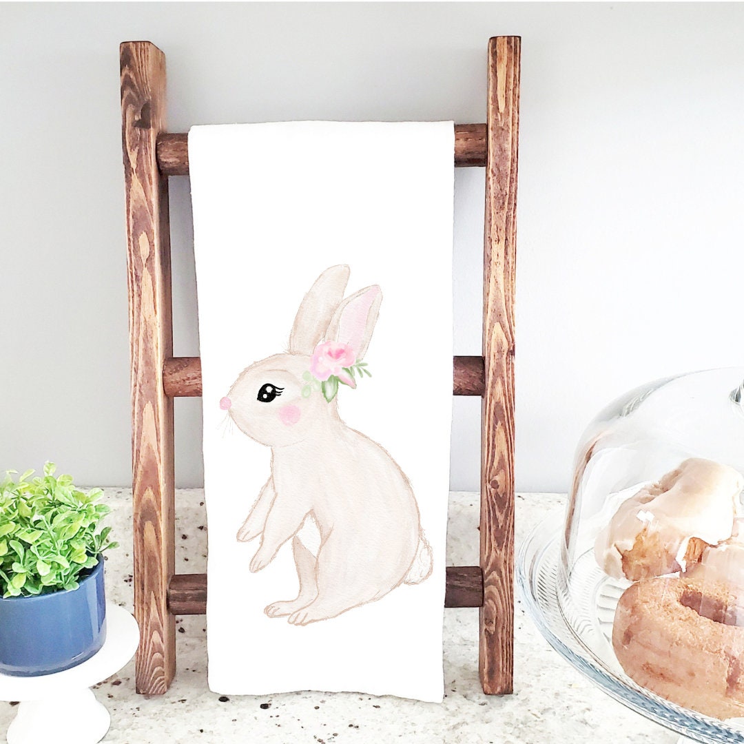 Watercolor Tea Towel, Bunny With Pink Roses, Flour Sack Towel ...