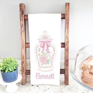 Ginger Jar Flour Sack Tea Towel, Rose Medallion, Ginger Jar with Bow, Chinoiserie, Custom Kitchen Decor, Personalized Spring Decor