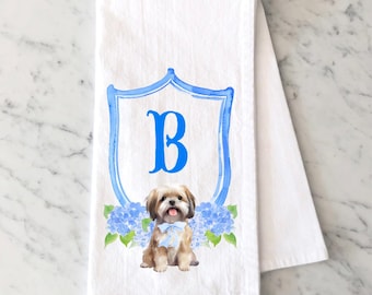 Personalized Shihtzu Flour Sack Towel: Watercolor Crest Monogram with Dog,  Dog Kitchen Towel , Shih tzu Tea Towel