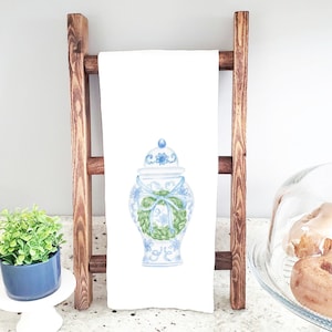 Watercolor Tea Towel, Flour Sack, Blue and White Ginger Jar with Boxwood Wreath, Watercolor, Chinoiserie, Blue Bow, Custom Kitchen Decor
