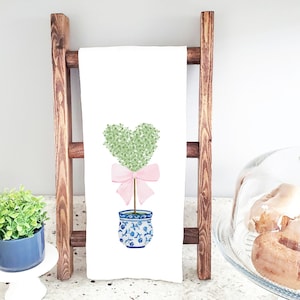 Watercolor Tea Towel, Chinoiserie, Heart Boxwood Topiary with pink bow, Flour Sack Towel, Grandmillennial, Valentines Day