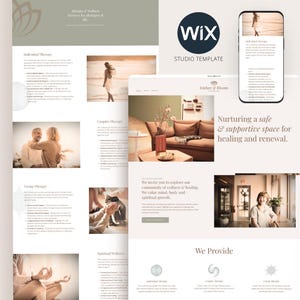 Puede incluir: Una plantilla de sitio web para un estudio de bienestar llamado Ember & Bloom. La plantilla presenta un fondo marrón claro con texto blanco superpuesto. El texto dice "Fomentar un espacio seguro y de apoyo para la sanación y la renovación." El sitio web también presenta imágenes de personas en varias etapas de bienestar, incluida una mujer caminando por una playa, una pareja abrazándose y una persona meditando.