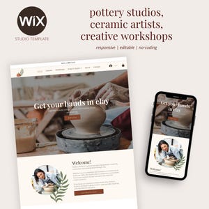 May include: A website template for pottery studios, ceramic artists, and creative workshops. The design features a website and a smartphone displaying the site. The text reads "Get your hands in clay" and "Welcome!"