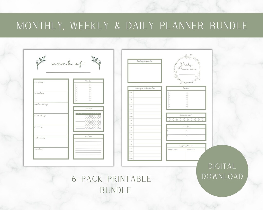 Printable Daily Weekly Monthly Planner Bundle, Digital Planner Bundle ...