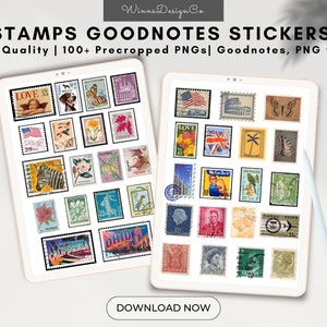 May include: Two digital tablets displaying a collection of 100+ vintage stamp stickers for Goodnotes. The stickers are precropped PNG files and are high quality.