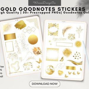 May include: Two digital tablets displaying a collection of gold Goodnotes stickers. The stickers include various shapes, designs, and illustrations, such as hearts, stars, butterflies, and a tiger. The text "hugs & kisses" and "XOXO" are also included in the sticker set.