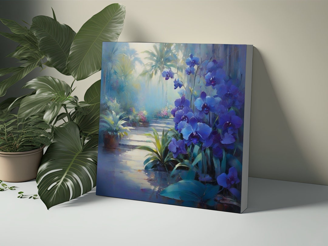 Blue Impressionist Style Orchid Canvas Wall Art Orchid Blue Wall Flower Wall Art Floral Art