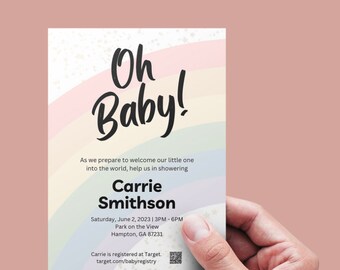 Zaproszenie na Baby Shower z motywem tęczy - edytowalny szablon