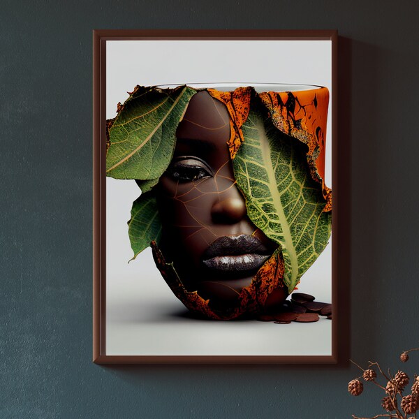 African Flower Goddess Cup Portrait - Afrocentric Wall Art Deko for Living Room