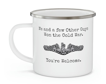 Submarine silver dolphins camping enamel mug - enlisted submarine warfare and SSBN FBM deterrent patrol pin.
