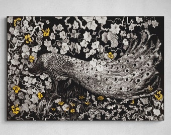 May include: Black and white illustration of a peacock with its tail feathers spread, surrounded by stylized foliage and yellow flowers. The artwork is on a rectangular canvas, creating a striking contrast against the black background.