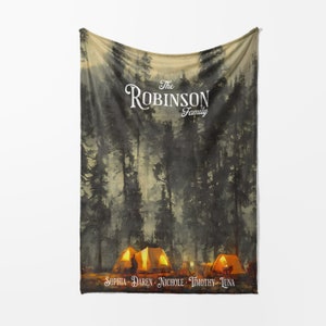 Custom Name Blanket for Camping Family Camper Blanket for Kids Baby Gift Personalized Name Customized Gift for Outdoorsman Campfire Artwork.