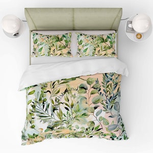 Eucalyptus Duvet Cover Green Floral Blanket Cover. Personalized Name on Duvet Bed Covers. Botanical Bedding Pattern Custom Name Gift.