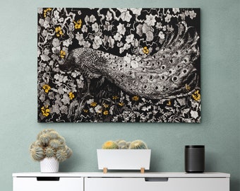 May include: Black and white illustration of a peacock with a spread tail, surrounded by yellow flowers and foliage.