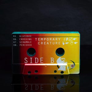 K&ouml;nnte beinhalten: Ein Kassettenband mit einem gelben, orangen und roten Farbverlauf. Das Band ist mit "Temporary Creature" und "Side B" beschriftet. Das Band hat eine schwarze Box mit wei&szlig;em Text, der "05. Blackbox, 06. Crossing, 07. Scramble, 08. Perished" lautet.