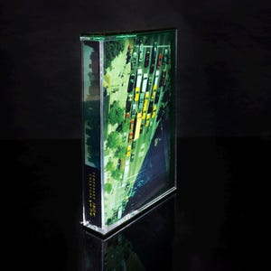 K&ouml;nnte beinhalten: Eine transparente Acrylbox mit einem gr&uuml;nen und gelben Bild einer Stadtstra&szlig;e. Das Bild zeigt eine Stra&szlig;e, die mit geparkten Autos und B&auml;umen ges&auml;umt ist.