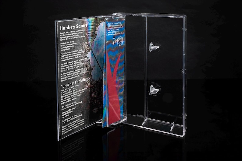 May include: A clear plastic cassette tape case with a colorful cassette tape inside. The cassette tape has the title "Honkey Squirt" and "Turncoat Enablist" printed on the front. The cassette tape has a blue, red, and black abstract design.