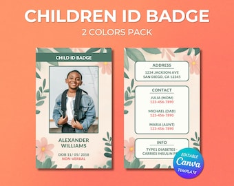 Back to School Child Card, Vorlage, bearbeitbares Canva Design, druckbare Kinder Sicherheitskarte, anpassbarer Notfallkontakt, für Eltern