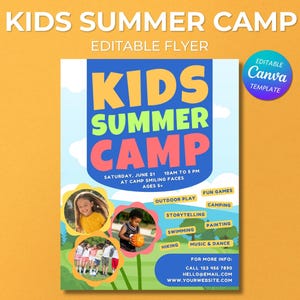 Kids Summer Camp Flyer, Canva Template, Flyer Template, Fun Event, Kids Flyer, Editable Canva, Instant Download, PDF, Camp, Summer, Children