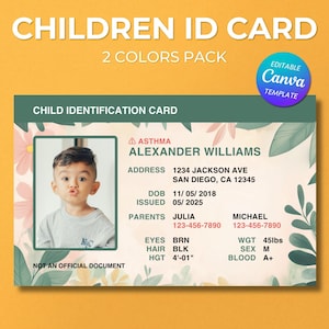 Modelo de Cartão de Identificação Infantil, Design Editável no Canva, Cartão de Segurança Infantil para Imprimir, Cartão de Contato de Emergência Personalizável, Download Instantâneo, Digital