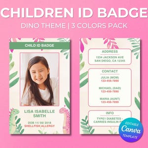 Modèle de badge d'identification d'enfant, toile modifiable, badge de sécurité imprimable pour enfants, carte de visite d'urgence personnalisable, téléchargement immédiat, dinosaure