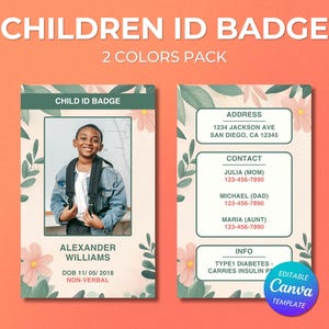 Sjabloon ID-badge voor kinderen, bewerkbaar canvasontwerp, afdrukbare veiligheidsbadge voor kinderen, aanpasbare contactkaart voor noodgevallen, direct downloaden, badge