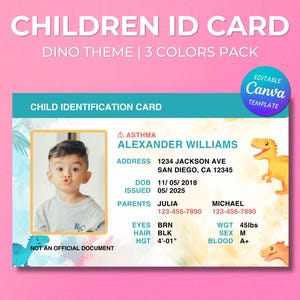 Modèle de carte d'identité pour enfant, toile modifiable, carte de sécurité imprimable pour enfants, carte de visite d'urgence personnalisable, téléchargement immédiat, dinosaure