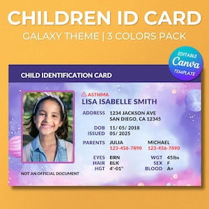 Plantilla editable de tarjeta de identificación infantil: Tarjeta de contacto de emergencia de seguridad con temática galáctica